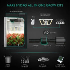 LED Full Spectrum Grow Light And 3ft. X 3ft. Grow Tent Kit - 300W - Mars Hydro
