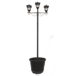 Solar LED Triple-Head Solar Lamp With Post Set And Planter - 90 Lumens - Black Finish - Gama Sonic